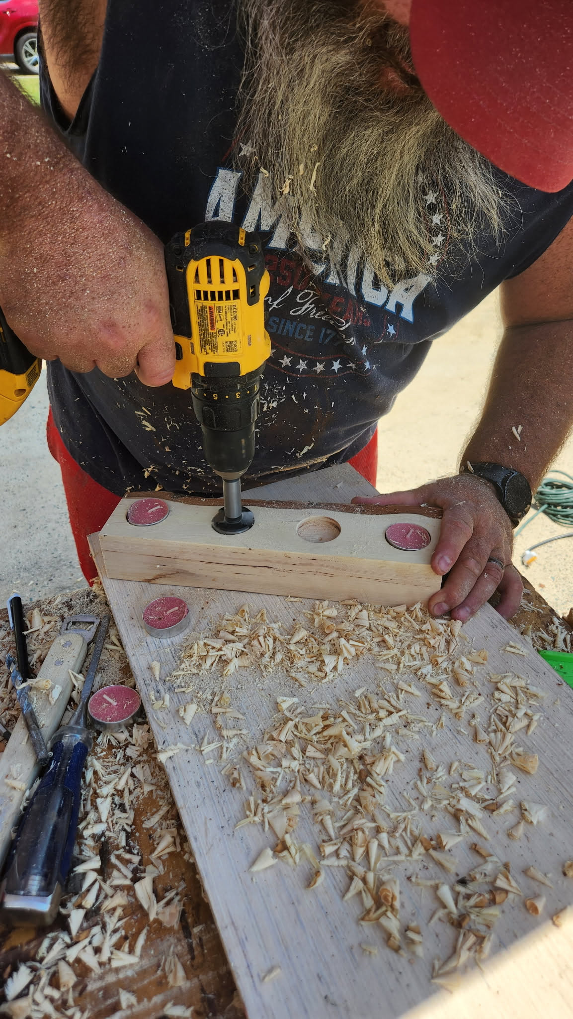 Drilling recesses for a handmade wooden tea light holder